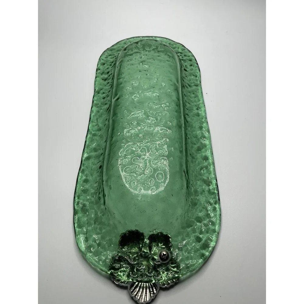 Vintage Green Bubble Oblong Glass Dish w/ Silver Starfish & Clams Emblem